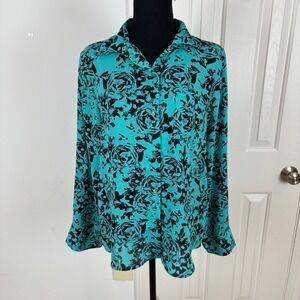 CHAUS New York Women's Teal Black Rose Print Button Up Shirt Top Size M